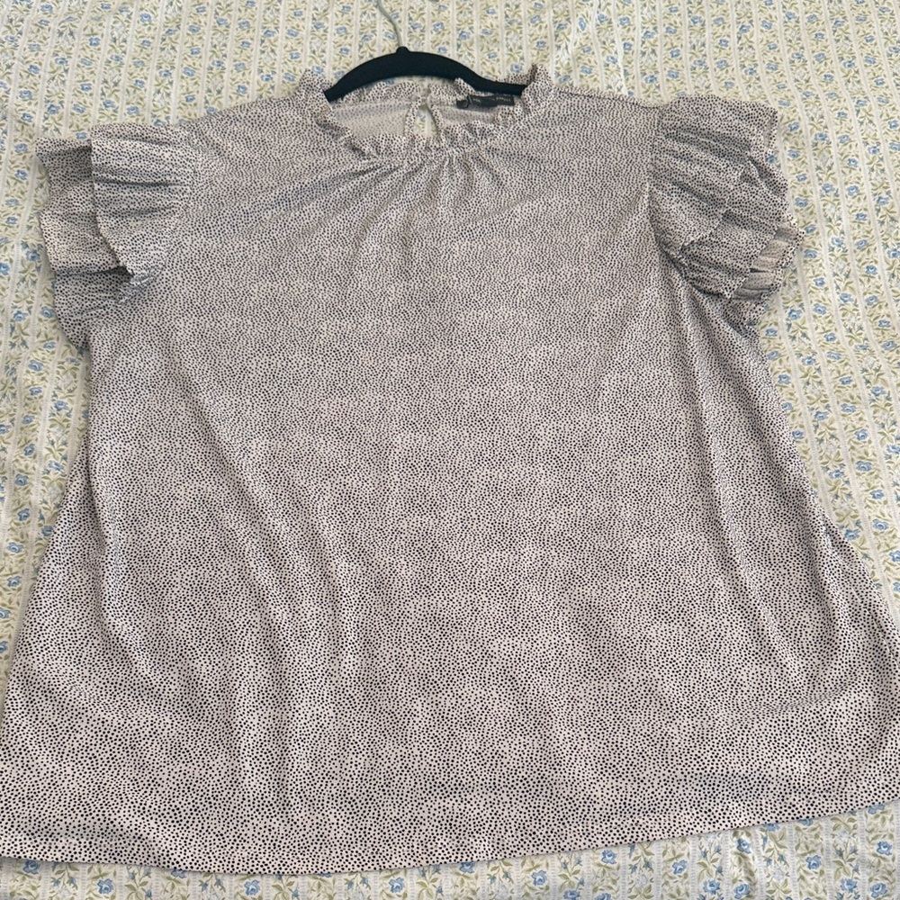 Adrianna Papell Cream and Black Dotted Ruffle Sleeve Blouse
